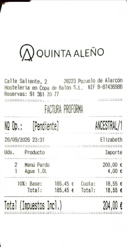 Cuenta de la cena en Ancestral del 26 de septiembre de 2026: 204 euros para dos personas