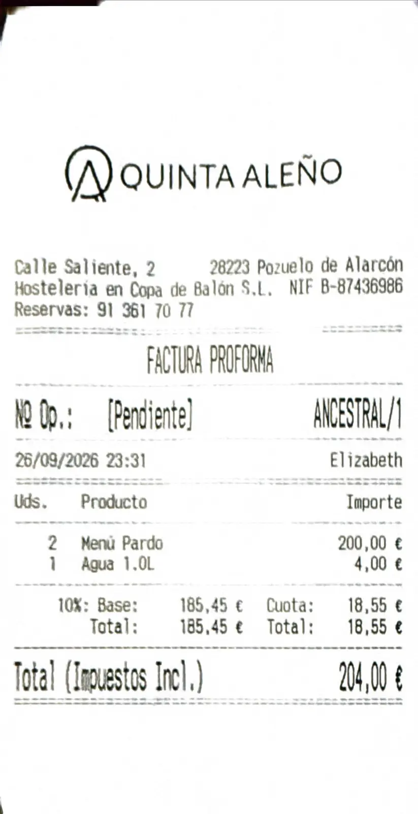 Cuenta de la cena en Ancestral del 26 de septiembre de 2026: 204 euros para dos personas